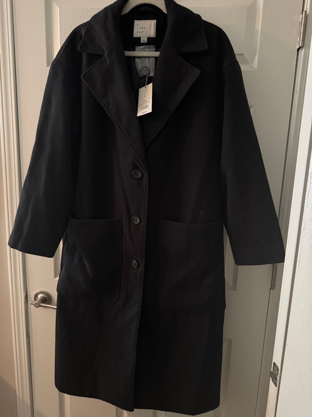 a new day Black Single-Breasted Long Trench Coat with Patch Pockets